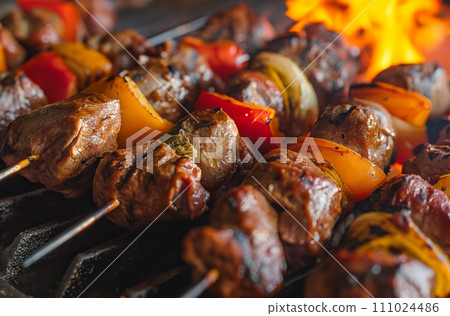 AI-generated content. Sizzling shish kebab on fiery grill AI-generated content. Sizzling shish kebab on fiery grill 111024486