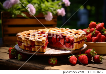 AI-generated content. Homemade strawberry pie on a garden table AI-generated content. Homemade strawberry pie on a garden table 111024642