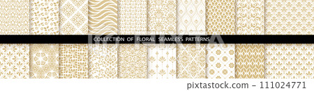 Geometric floral set of seamless patterns. White and gold vector backgrounds. Damask graphic ornaments Geometric floral set of seamless patterns. White and gold vector backgrounds. Damask graphic ornaments 111024771