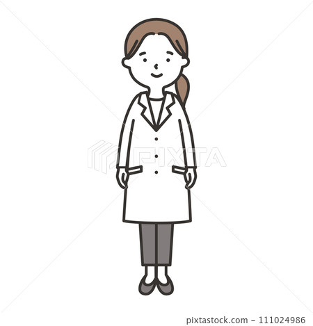 一個穿著白大褂微笑的女人的全身插圖 111024986