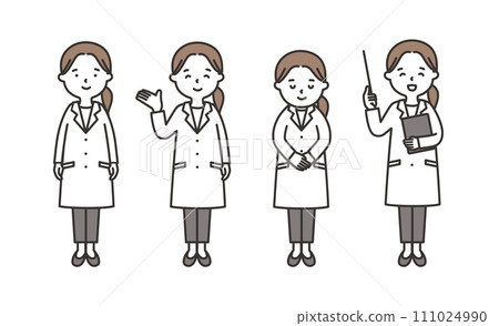 Full body pose set of a woman wearing a white coat Full body pose set of a woman wearing a white coat 111024990
