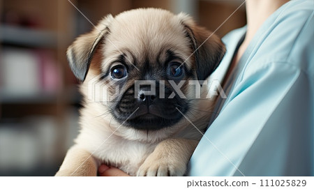 A small pug puppy in the arms of a doctor with a blue robe. generative AI A small pug puppy in the arms of a doctor with a blue robe. generative AI 111025829
