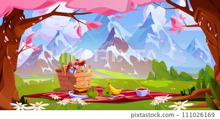 Picnic setup under pink sakura trees near mountain Picnic setup under pink sakura trees near mountain 111026169