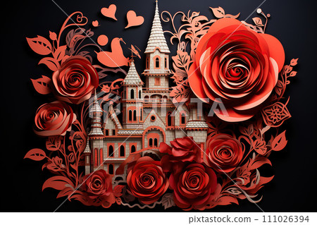 Valentine's Day card with red roses and a castle on a black background. Generative AI Valentine's Day card with red roses and a castle on a black background. Generative AI 111026394