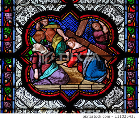 The climb to Calvary, stained glass window in the Basilica of Saint Clotilde in Paris, France The climb to Calvary, stained glass window in the Basilica of Saint Clotilde in Paris, France 111026435