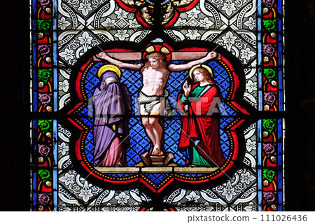 Crucifixion, stained glass window in the Basilica of Saint Clotilde in Paris, France Crucifixion, stained glass window in the Basilica of Saint Clotilde in Paris, France 111026436