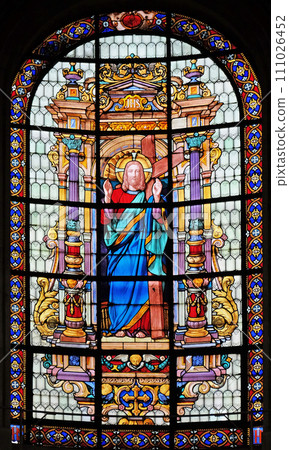 Sacred Heart of Jesus, stained glass windows in the Saint Roch Church, Paris, France 111026452