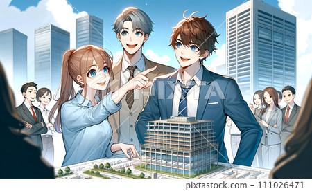 一對 20 多歲的建築管理工程師在一家總承包商建築管理公司工作並開會，背景是藍天和建築物。 111026471