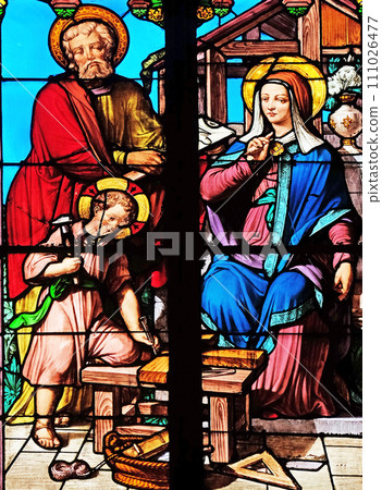 The Holy Family, stained glass windows in the Saint Eugene - Saint Cecilia Church, Paris, France 111026477