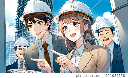 A man and a woman in their 20s are construction management engineers wearing helmets working at a general construction management company with the blue sky and buildings in the background. 111026558