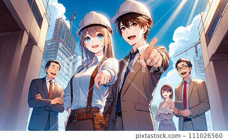 A man and a woman in their 20s are construction management engineers wearing helmets working at a general construction management company with the blue sky and buildings in the background. 111026560