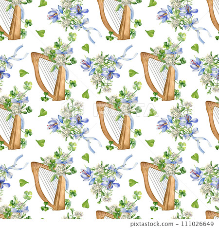 Harp and spring flowers watercolor seamless pattern isolated on white. Painted green clover, musical instrument and saffron. Irish lucky symbol hand drawn. Design for St.Patricks day, wrapping paper Harp and spring flowers watercolor seamless pattern isolated on white. Painted green clover, musical instrument and saffron. Irish lucky symbol hand drawn. Design for St.Patricks day, wrapping paper 111026649