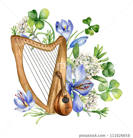 Musical instruments and spring flowers watercolor illustration isolated on white. Painted green clover with harp and mandoline. Irish symbol hand drawn. Design for St.Patricks day,Easter, springtime 111026658