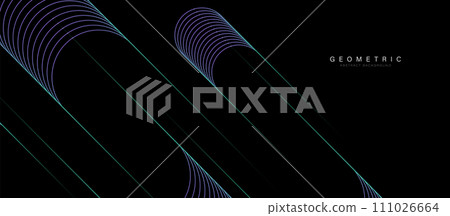 Abstract background with green and purple glowing geometric diagonal lines. Modern minimal trendy shiny lines pattern banner. Vector illustration 111026664