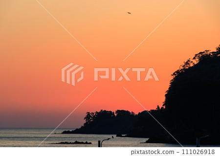 伊豆大島岡田港美麗的黎明。在東京灣-伊豆諸島航線上的東海汽船 Salvia Maru 上。 2023 年 11 月 111026918