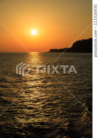 Beautiful dawn at Okada Port, Izu Oshima. On board Tokai Kisen's Salvia Maru on the Tokyo Bay-Izu Islands route. November 2023 111026930