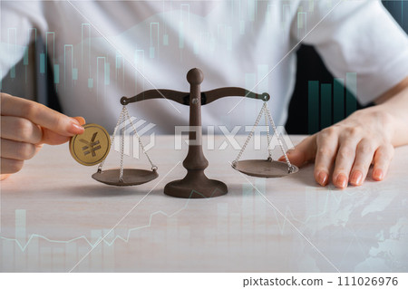 Yen currency image (gold coins and balances) 111026976