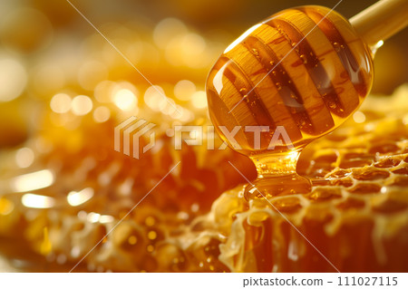 Natural Golden Honey Dripping from Wooden Dipper - Closeup Shot 111027115