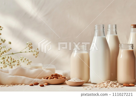 Healthy Milk Alternatives: Almond, Soy, and Oat in Elegant Glass Bottles 111027221