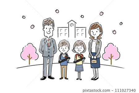 向量插畫素材：小學男孩和女孩、家長和家庭慶祝畢業典禮 111027340