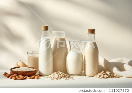 Healthy Milk Alternatives: Almond, Soy, and Oat in Elegant Glass Bottles Healthy Milk Alternatives: Almond, Soy, and Oat in Elegant Glass Bottles 111027370