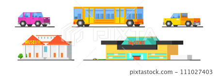 City Landscape Element with Store, Car, Bus and Museum Vector Set 111027403
