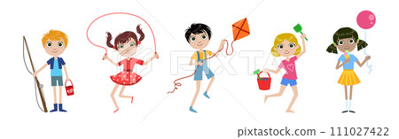 Little Girl and Boy Character Engaged in Different Summer Activity Vector Illustration Set 111027422