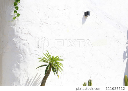 Empty space or copy space of white wall with a black lamp. 111027512