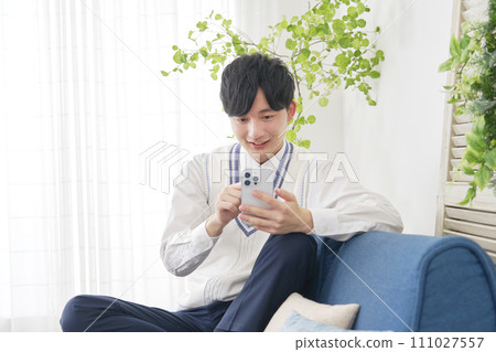 High school boy using a smartphone in the living room 111027557
