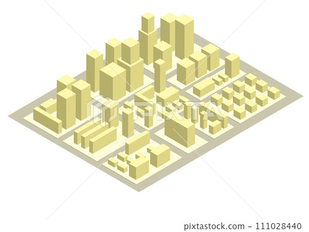 城市景觀由簡單的模型組成，城市的等軸圖，黃色 111028440