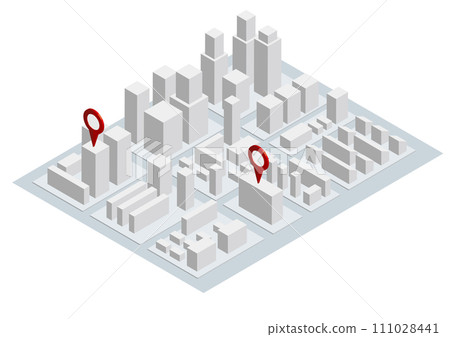 城市景觀由簡單的模型、城市的等距插圖、地圖針白色組成 111028441