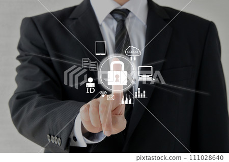 Businessman pressing the security protection button Businessman pressing the security protection button 111028640