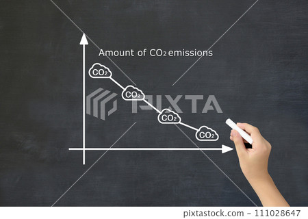 A child's hand drawing a graph of carbon dioxide reduction 111028647