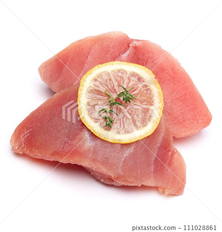 Fresh tuna Fish steak isolated on a white background 111028861