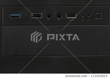 Push button front of computer background, Only the front part of the computer case. 111028914