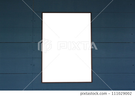 Empty picture frames on a dark wooden blue wall. Empty picture frames on a dark wooden blue wall. 111029002
