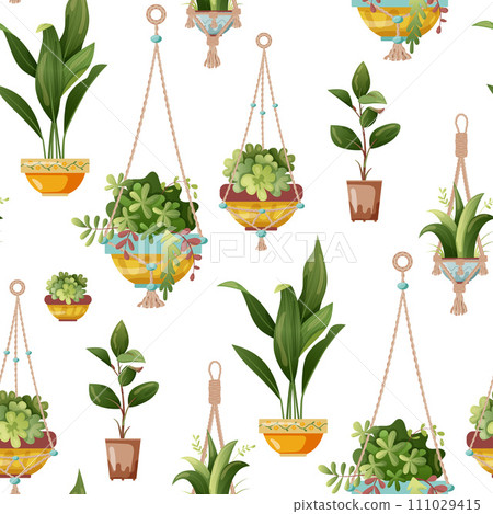 Seamless pattern. Houseplant and macrame plant growing in pots. Set of handmade home decorations macrame plants isolated on white background. Cartoon flat illustration. 111029415