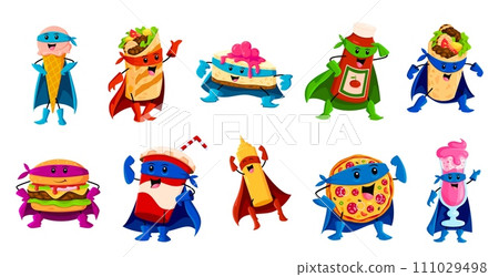 Cartoon fast food superhero characters. Vector energetic personages ice cream, burrito, cheesecake, and tomato sauce. Burger, cola, mustard bottle, pizza and cocktail with costumes and unique powers Cartoon fast food superhero characters. Vector energetic personages ice cream, burrito, cheesecake, and tomato sauce. Burger, cola, mustard bottle, pizza and cocktail with costumes and unique powers 111029498
