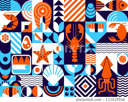 Abstract seafood modern geometric pattern, vector mosaic tile background. Sea food in geometric shapes pattern of fish for sushi, shrimp and salmon with crab and oyster, seafood squid and caviar 111029506