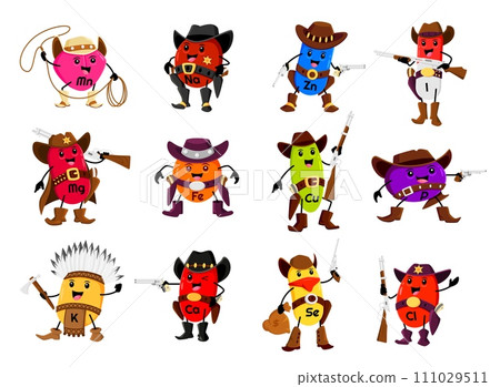Cartoon micronutrient cowboy, ranger, sheriff and bandit characters. Vector vitamin stockriders and native american Mn, Na, Zn, I and Mg, Fe, Cu, P and Ca with K and Se, and Cl horsemen and aboriginal 111029511