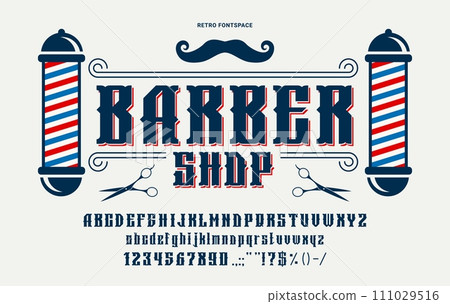 Retro barber font or vintage western type for barbershop English alphabet, vector old ABC typeface. Barber font for shop label, hipster design script text with bold letters and signs for barbershop 111029516