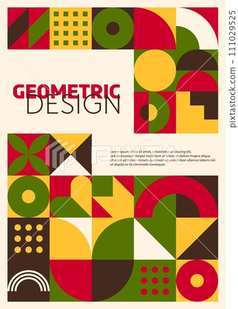 Modern abstract poster with geometric bauhaus pattern, cutting edge of design with bold red, green, yellow, brown and white colors. Vector sophisticated striking background with avant-garde aesthetics Modern abstract poster with geometric bauhaus pattern, cutting edge of design with bold red, green, yellow, brown and white colors. Vector sophisticated striking background with avant-garde aesthetics 111029525