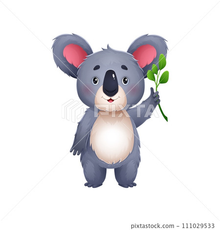 Koala cartoon character with eucalyptus branch, happy smiling Australian bear, vector baby animal. Cheerful cute koala with smile and eucalyptus leaves in paw for kid mascot or Australia zoo Koala cartoon character with eucalyptus branch, happy smiling Australian bear, vector baby animal. Cheerful cute koala with smile and eucalyptus leaves in paw for kid mascot or Australia zoo 111029533