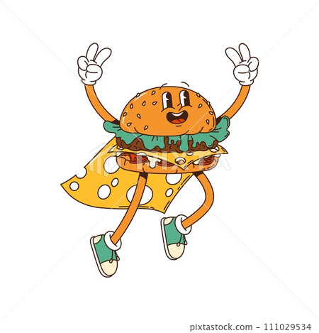 Groovy burger cartoon character, hippie cheeseburger with happy face, vector fast food. Groovy burger superhero in cheese mantle, cartoon funky cheeseburger jumping with peace fingers gesture 111029534