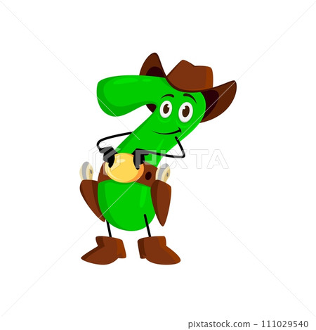 Cartoon math number seven cowboy and ranger, sheriff, robber and bandit character. Isolated vector numerical 7 personage armed with six-shooters, calculates equations and arithmetic solutions swiftly Cartoon math number seven cowboy and ranger, sheriff, robber and bandit character. Isolated vector numerical 7 personage armed with six-shooters, calculates equations and arithmetic solutions swiftly 111029540