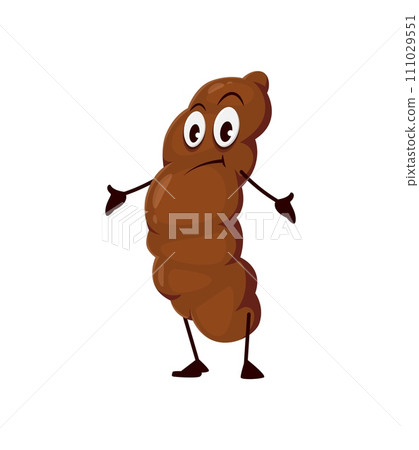 Funny poo excrement, cartoon confused poop emoji character. Isolated vector whimsical excrement or shit personage with perplexed expression, featuring a comical shrug gesture, ambiguity or uncertainty 111029551