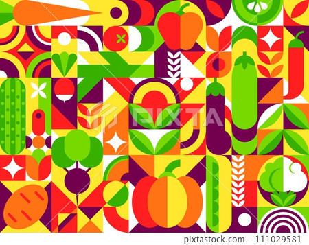 Abstract vegetable modern geometric pattern. Vector vibrant background features mosaic of fresh veggies. Bell pepper, tomato, carrot and potato. Pumpkin, cucumber, broccoli or cauliflower and radish Abstract vegetable modern geometric pattern. Vector vibrant background features mosaic of fresh veggies. Bell pepper, tomato, carrot and potato. Pumpkin, cucumber, broccoli or cauliflower and radish 111029581