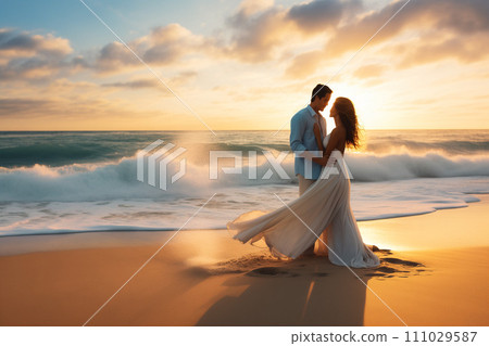 happy couple embracing on a beach at sunset by Generative Ai happy couple embracing on a beach at sunset by Generative Ai 111029587