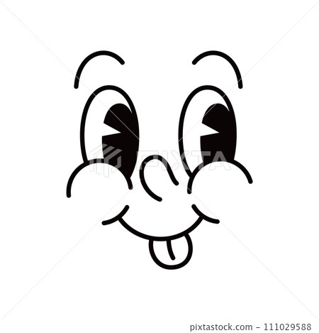 Cartoon funny comic groovy face emotion and retro cute emoji character with sticking tongue. Vector teasing smile emoticon, playful facial expression with goggle eyes express glad positive feelings Cartoon funny comic groovy face emotion and retro cute emoji character with sticking tongue. Vector teasing smile emoticon, playful facial expression with goggle eyes express glad positive feelings 111029588