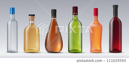 Realistic alcohol glass bottles. Vodka and tequila, cognac and whiskey, red and white wine. Isolated vector containers filled with liquid alcoholic beverages, visually appealing packaging solution Realistic alcohol glass bottles. Vodka and tequila, cognac and whiskey, red and white wine. Isolated vector containers filled with liquid alcoholic beverages, visually appealing packaging solution 111029593